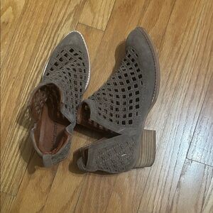 Cutout Suede Ankle Bootie in Taupe